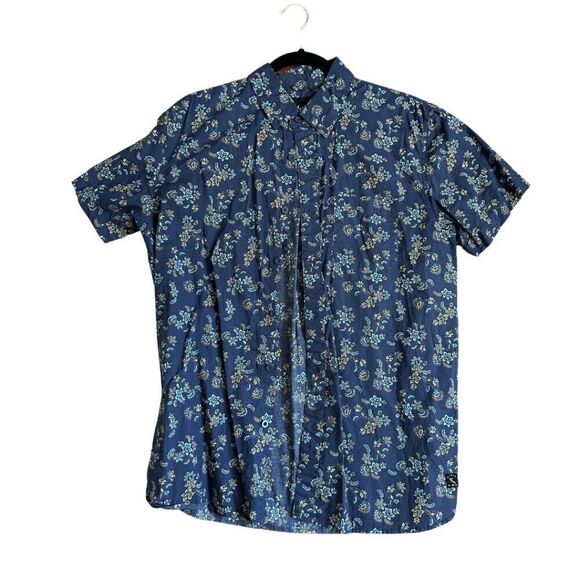 Lost Other - Lost Mens Blue Floral Cotton Short Sleeve Pocket Button Up Shirt Medium